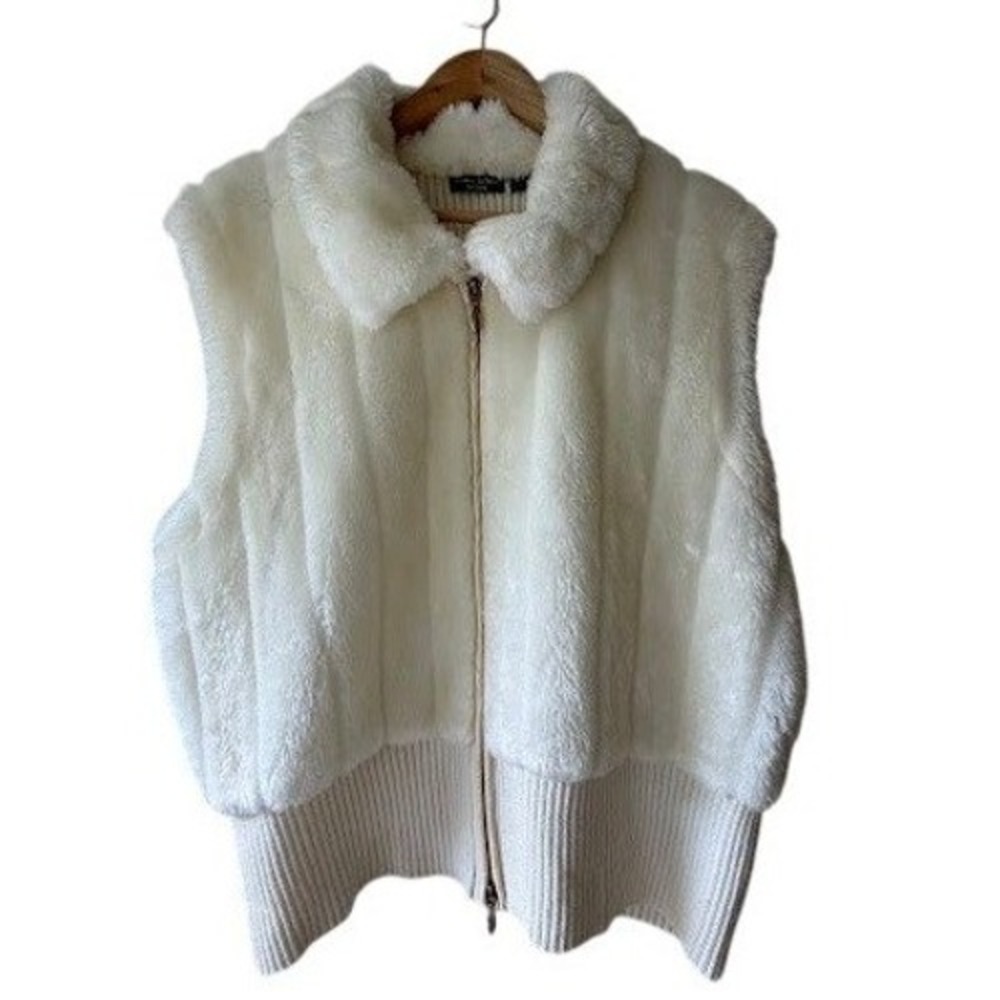 Winter Chic Essentials by Milano Faux Fur Vest XL Ivory Ribbed Knit Zip - Picture 2 of 9